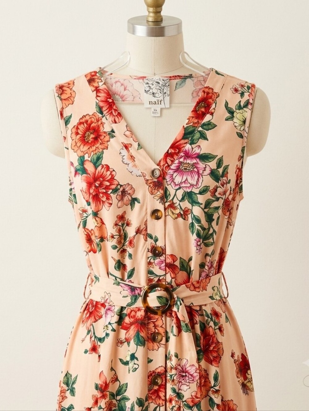 Naïf Floral Sleeveless Midi Dress w/ Belt, Size XL